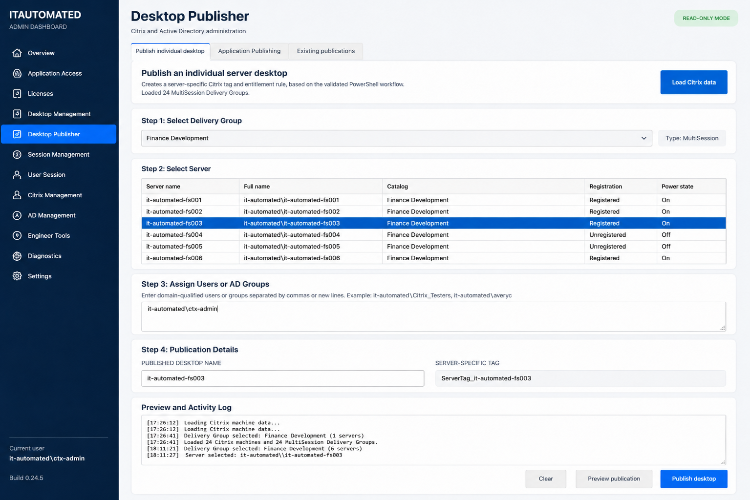 IT-Automated Desktop and Application Publishing dashboard